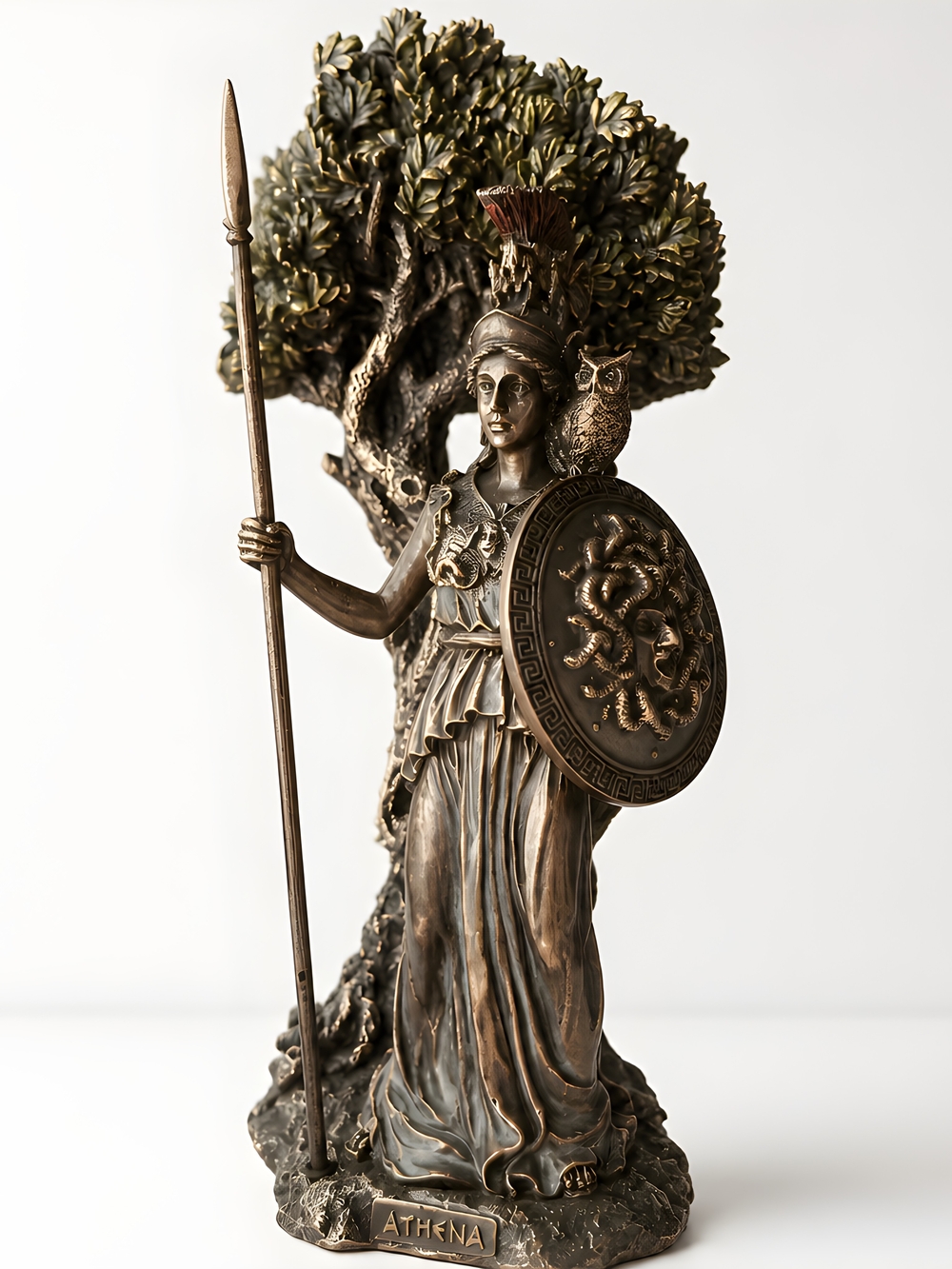 9" Athena Minerva Greek Goddess Statue Sculpture Under Olive Tree Bronze Finish